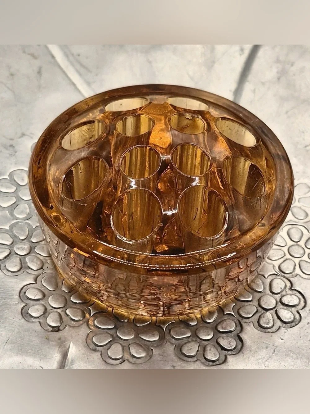 Vintage  Flower Frog Pair Marigold Amber Glass & Crystal Antique Imperial Glass